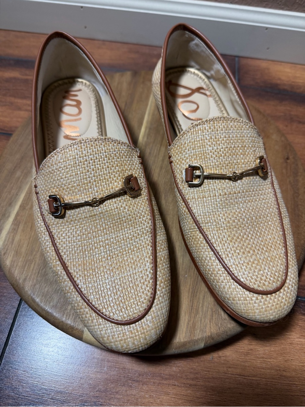 Sam Edelman Natural Woven Horsebit Loafers with Leather Brown Trim Size 8